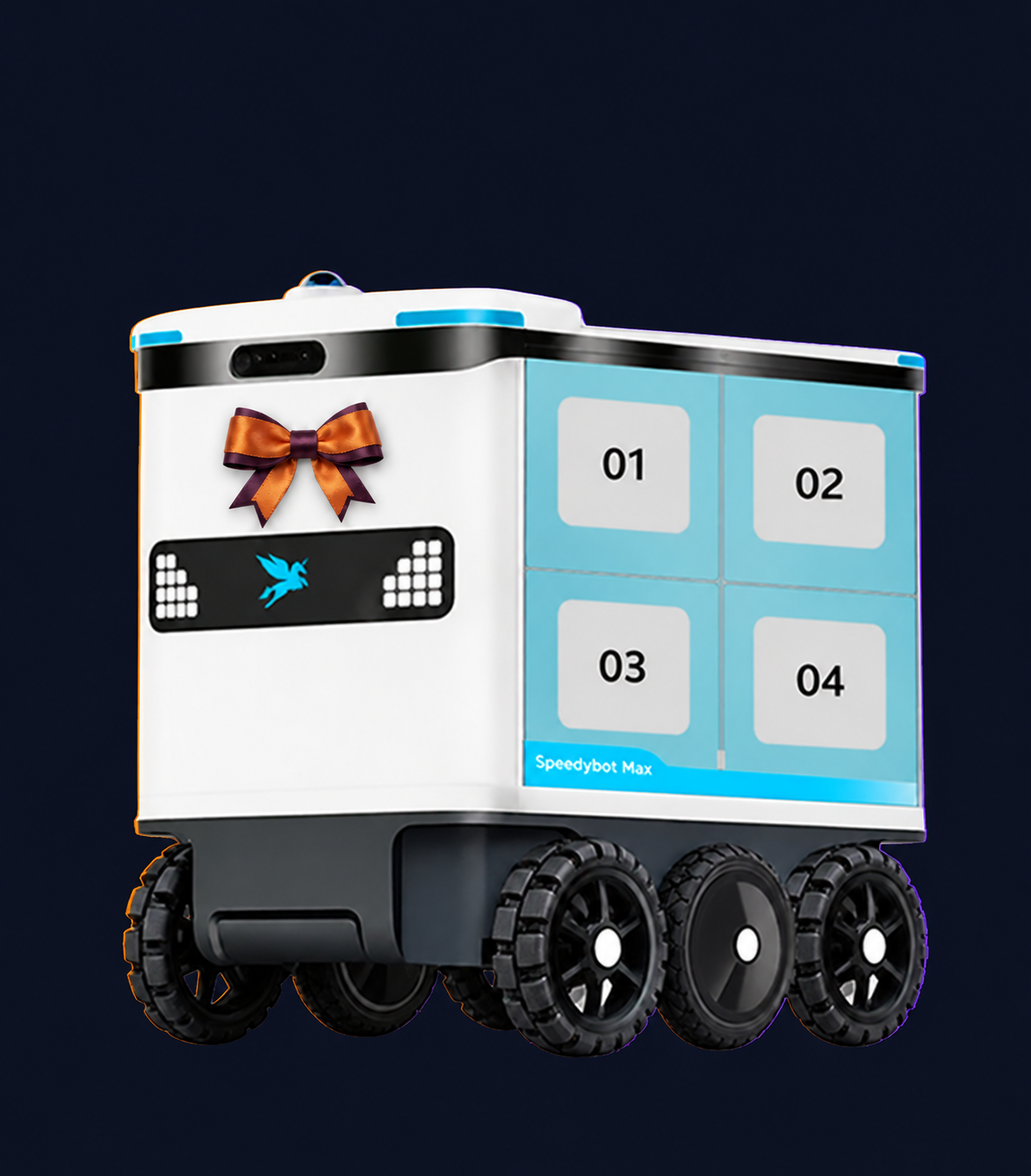 Speedybot-E Multi-Cabin Delivery Robot with decorative Halloween styling. Costume not included.
